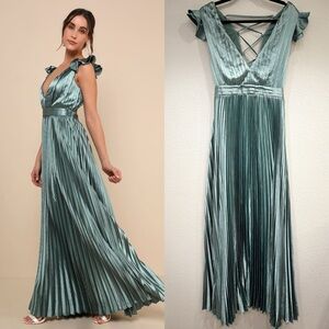 NWOT Lulus Exceptional Drama Sage Green Satin Lace-Up Pleated Maxi Dress